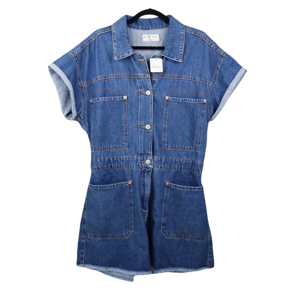 We The Free Womens Romper Size L Blue Denim Work Harder Play Harder Casual NWT